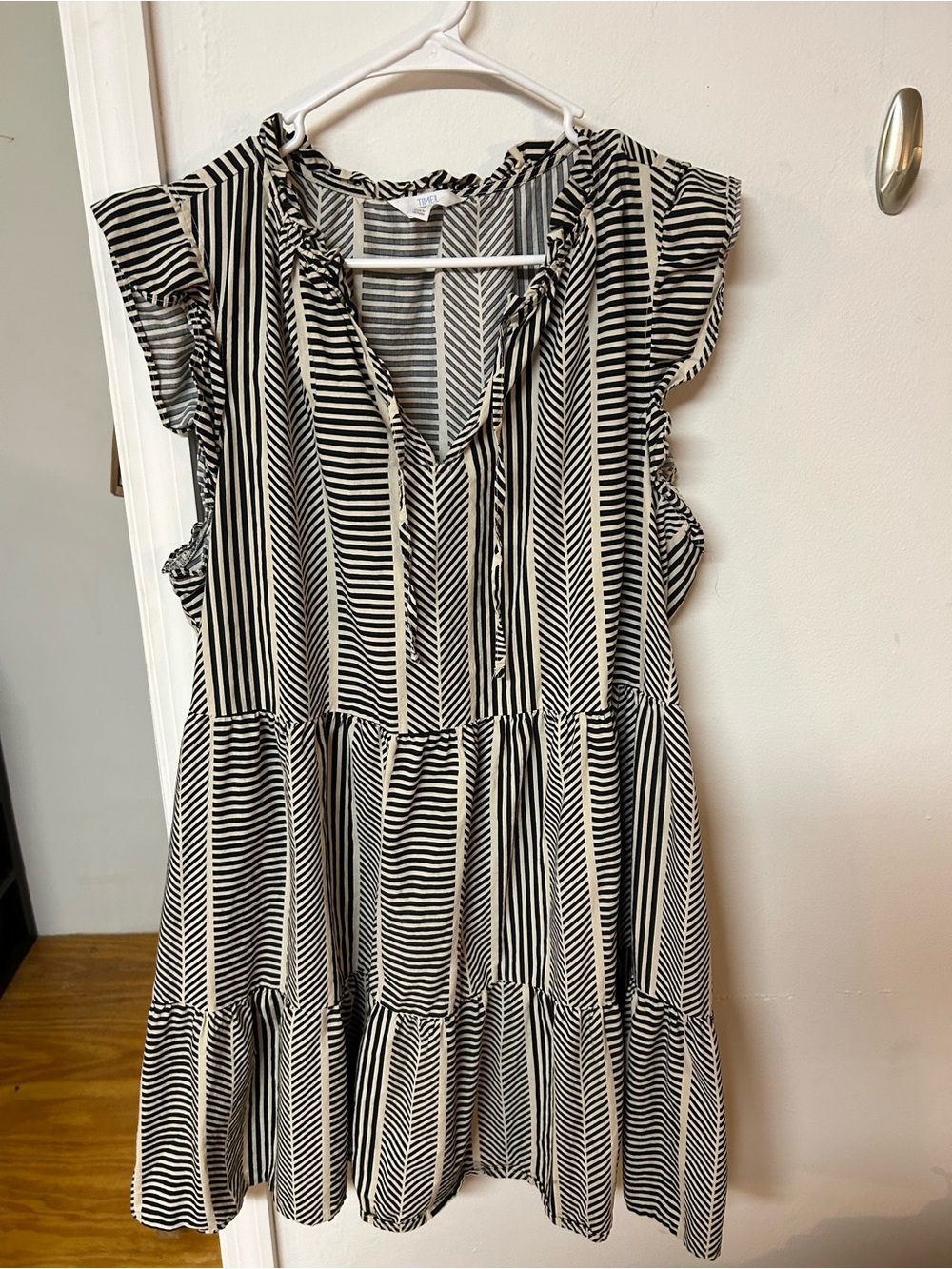 Time and Tru Black and White Striped Ruffle Tiered Mini Dress